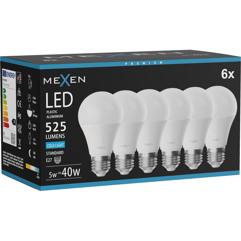 Mexen Nova 6x LED-lampa E27, A60, 5W, Kall - 6500K, 525 lm - L100-E27-0565-01x06