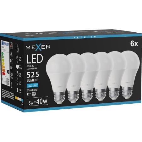 Mexen Nova 6x Bombilla LED E27, A60, 5W, Fría - 6500K, 525 lm - L100-E27-0565-01x06