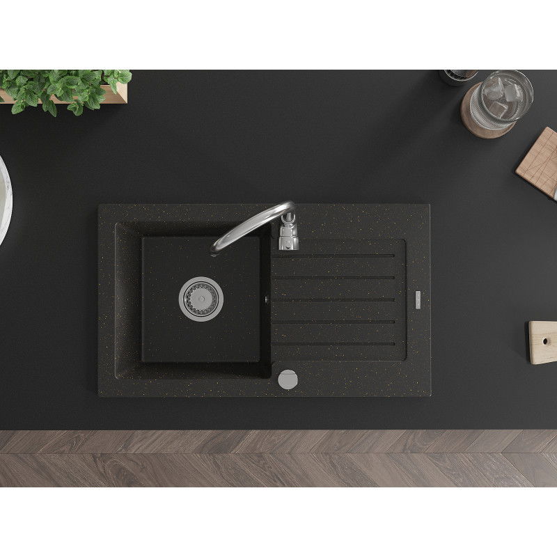 Mexen Pablo granitdiskbänk med 1 fack och avrinning 752 x 436 mm, svart/guld metallic, krom avlopp - 6510751010-75