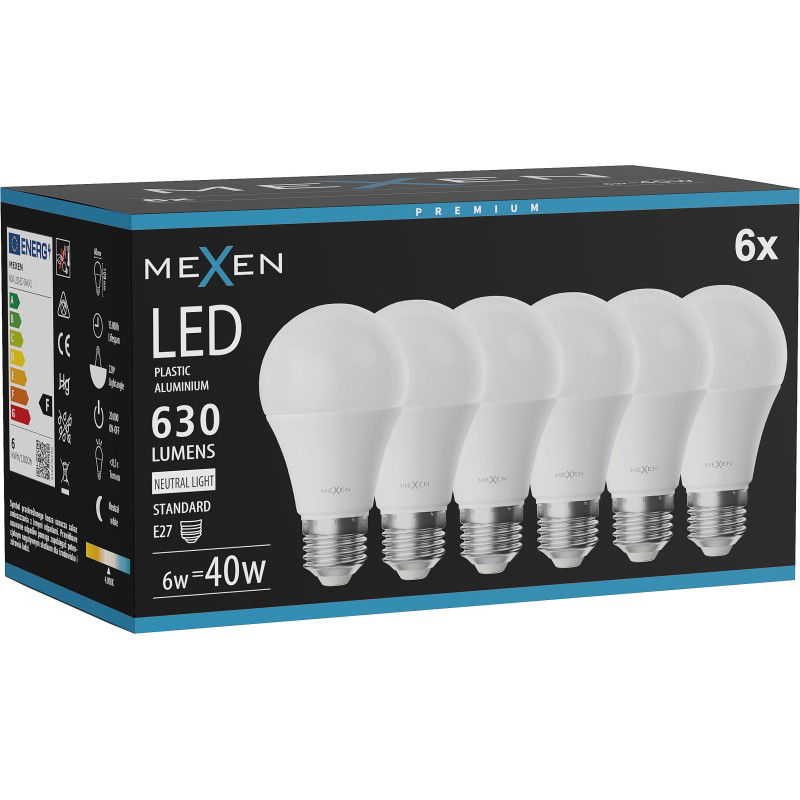 Mexen Nova 6x LED spuldze E27, A60, 6W, Neitralā - 4000K, 630 lm - L100-E27-0640-01x06