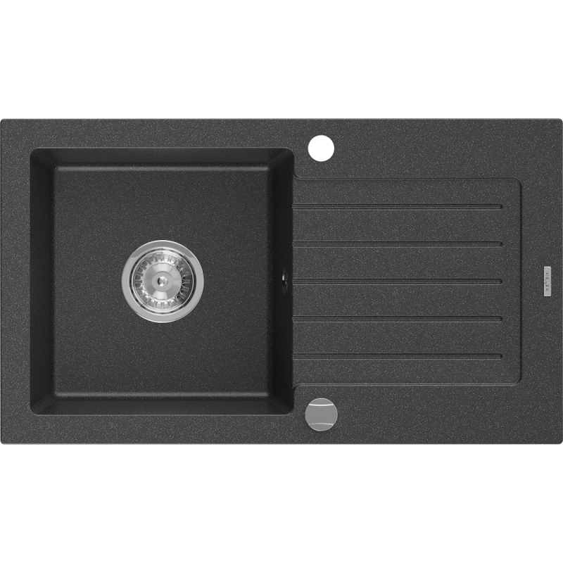 Mexen Pablo évier en granit 1 bac avec égouttoir 752 x 436 mm, noir moucheté, siphon chromé - 6510751010-76