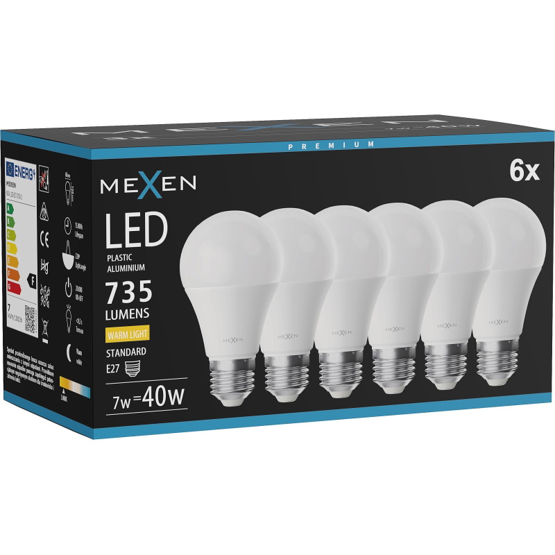 Mexen Nova 6x Bombilla LED E27, A60, 7W, Cálida - 3000K, 735 lm - L100-E27-0730-01x06