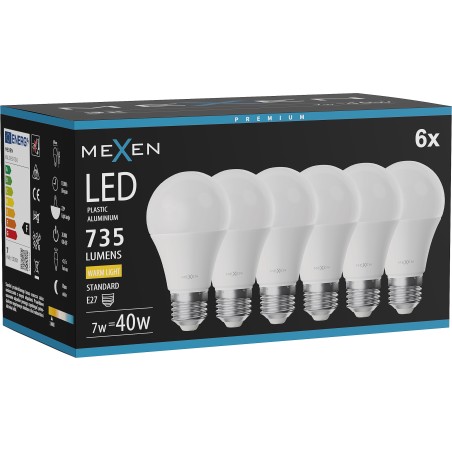 Mexen Nova 6x Bombilla LED E27, A60, 7W, Cálida - 3000K, 735 lm - L100-E27-0730-01x06