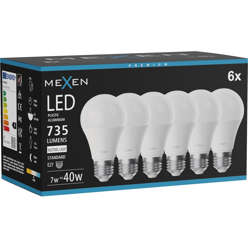 Mexen Nova 6x Bombilla LED E27, A60, 7W, Neutra - 4000K, 735 lm - L100-E27-0740-01x06