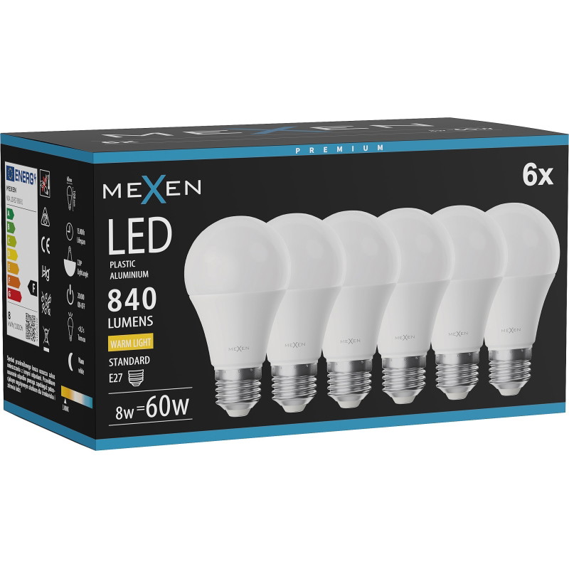 Mexen Nova 6x Bombilla LED E27, A60, 8W, Cálida - 3000K, 840 lm - L100-E27-0830-01x06