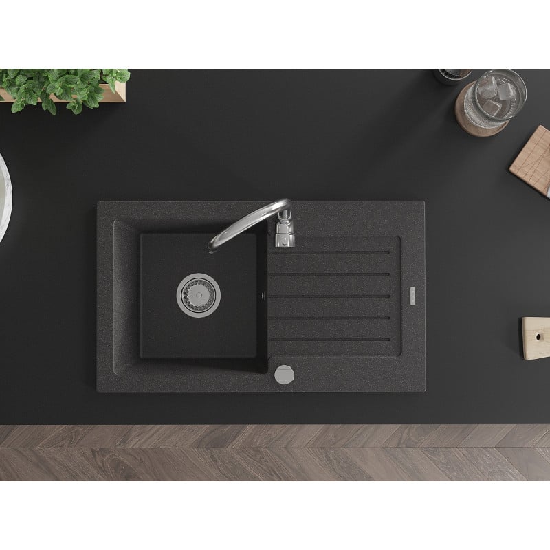 Mexen Pablo fregadero de granito de 1 seno con escurridor 752 x 436 mm, negro moteado, sifón cromado - 6510751010-76