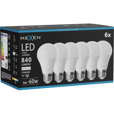 Mexen Nova 6x Bombilla LED E27, A60, 8W, Neutra - 4000K, 840 lm - L100-E27-0840-01x06