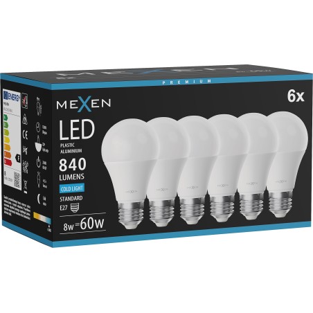Mexen Nova 6x LED-glödlampa E27, A60, 8W, Kall - 6500K, 840 lm - L100-E27-0865-01x06