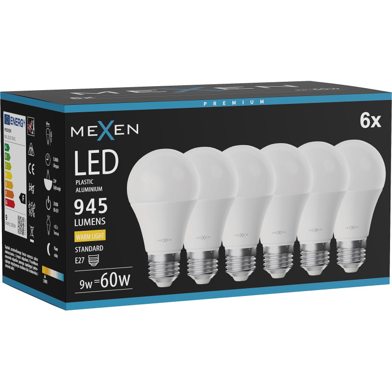 Mexen Nova 6x Bombilla LED E27, A60, 9W, Cálida - 3000K, 945 lm - L100-E27-0930-01x06