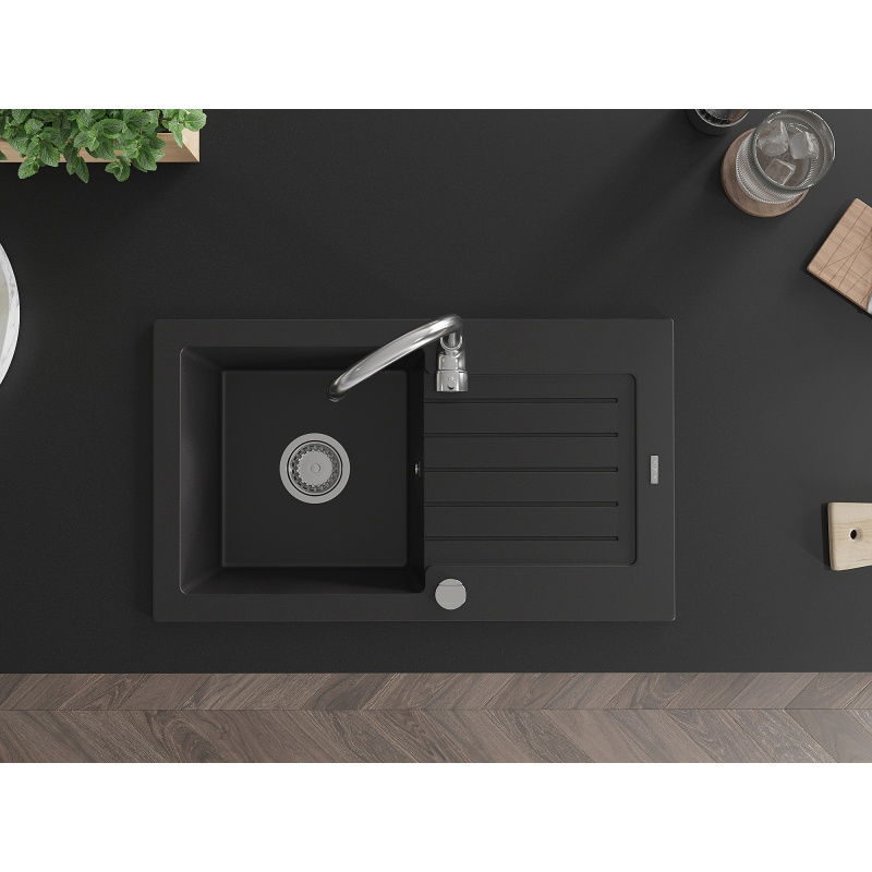 Mexen Pablo granieten spoelbak 1-kamer met afdruiprek 752 x 436 mm, zwart, sifon chroom - 6510751010-77