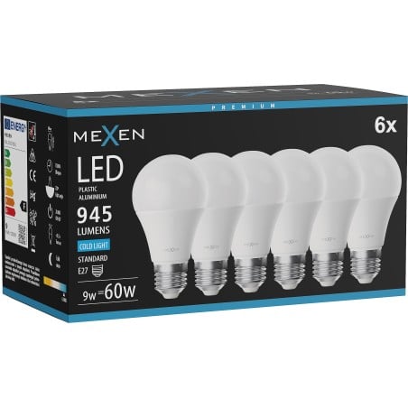 Mexen Nova 6x LED-lamp E27, A60, 9W, Koud - 6500K, 945 lm - L100-E27-0965-01x06