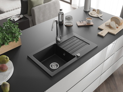 Mexen Pablo granieten spoelbak 1-kamer met afdruiprek 752 x 436 mm, zwart, sifon chroom - 6510751010-77