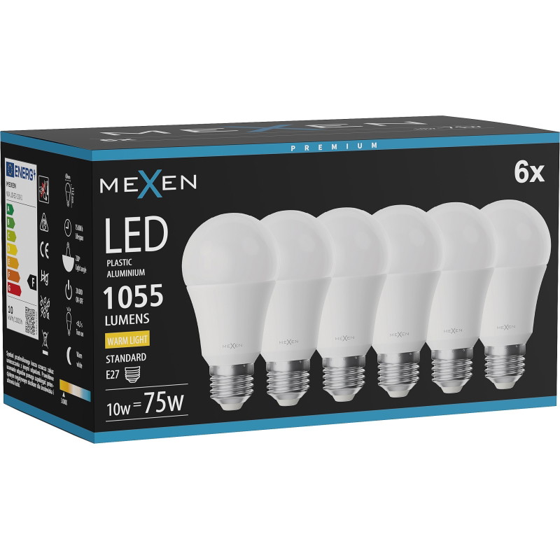 Mexen Nova 6x Bombilla LED E27, A60, 10W, Cálida - 3000K, 1055 lm - L100-E27-1030-01x06