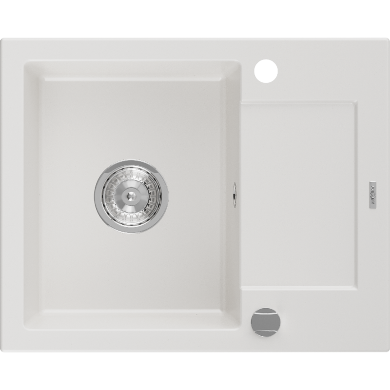 Mexen Enzo évier en granit à 1 bac avec égouttoir 576 x 465 mm, blanc, siphon chromé - 6506571005-20