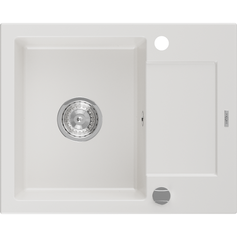 Mexen Enzo granitische spoelbak 1-komors met afdruiprek 576 x 465 mm, wit, chrom sifon - 6506571005-20