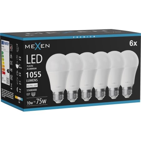 Mexen Nova 6x LED-lamp E27, A60, 10W, Neutraalne - 4000K, 1055 lm - L100-E27-1040-01x06