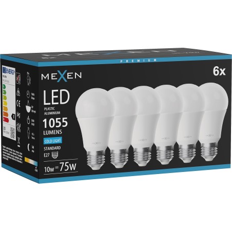 Mexen Nova 6x LED-lampa E27, A60, 10W, Kall - 6500K, 1055 lm - L100-E27-1065-01x06