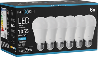 Mexen Nova 6x LED lamp E27, A60, 10W, Külm - 6500K, 1055 lm - L100-E27-1065-01x06