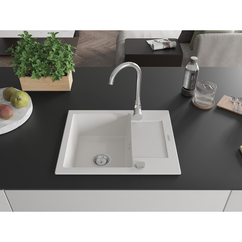 Mexen Enzo granitische spoelbak 1-komors met afdruiprek 576 x 465 mm, wit, chrom sifon - 6506571005-20