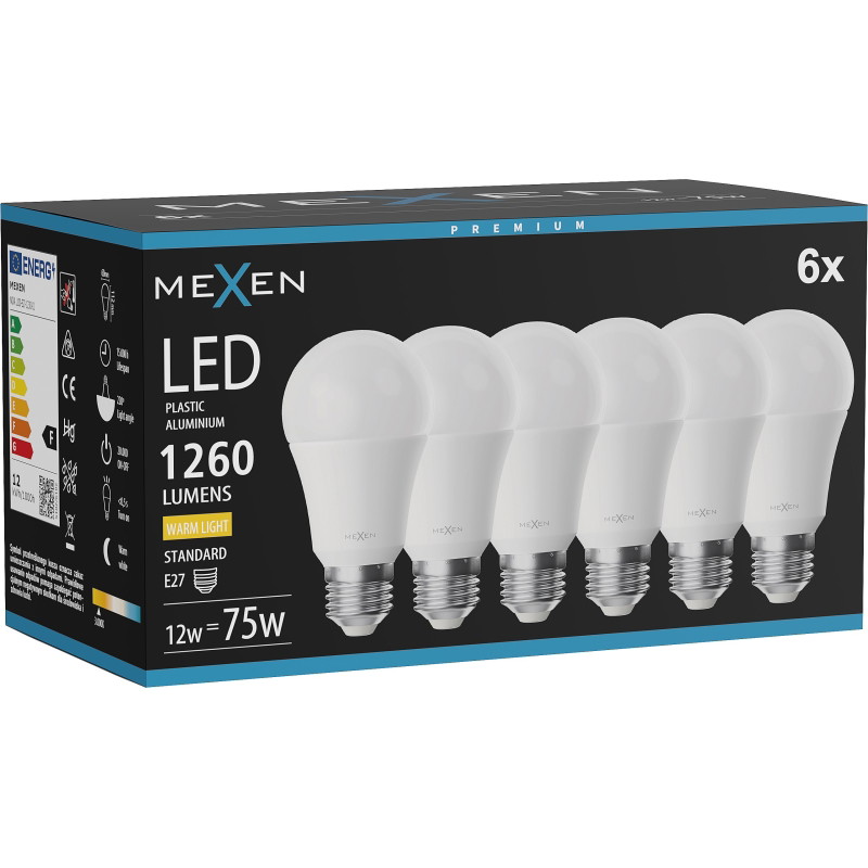 Mexen Nova 6x LED-pirn E27, A60, 12W, Soe - 3000K, 1260 lm - L100-E27-1230-01x06