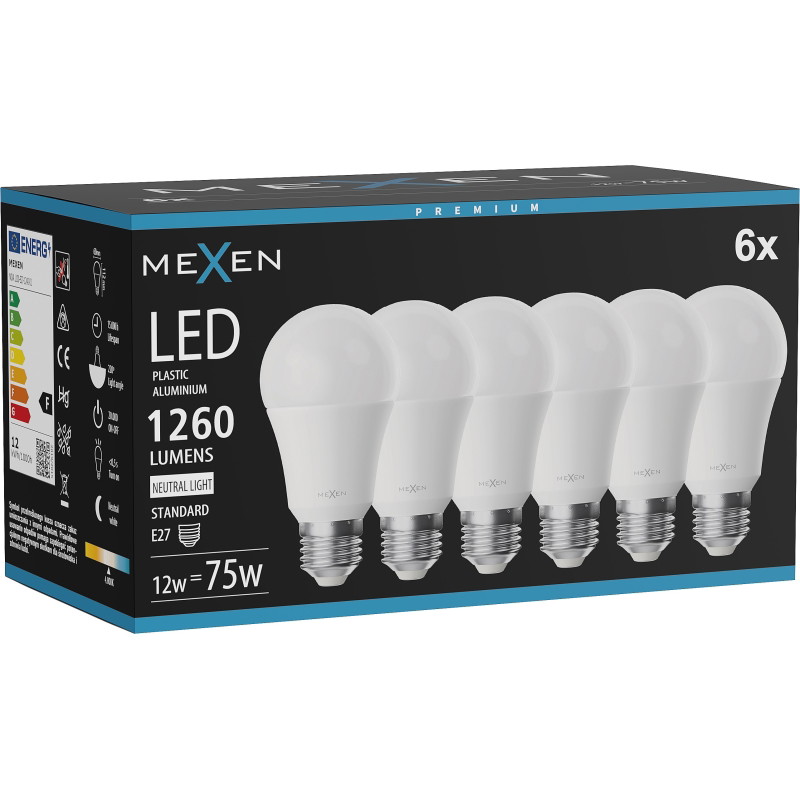 Mexen Nova 6x LED-lampa E27, A60, 12W, Neutral - 4000K, 1260 lm - L100-E27-1240-01x06
