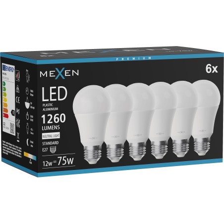 Mexen Nova 6x Bombilla LED E27, A60, 12W, Neutra - 4000K, 1260 lm - L100-E27-1240-01x06