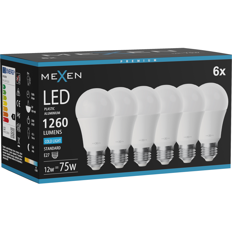Mexen Nova 6x żarówka LED E27, A60, 12W, Zimna - 6500K, 1260 lm - L100-E27-1265-01x06