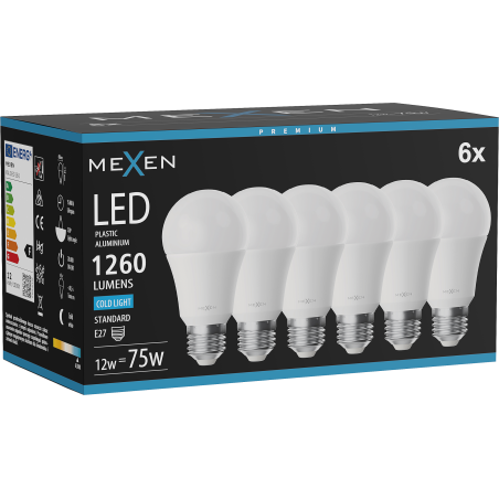 Mexen Nova 6x LED spuldze E27, A60, 12W, Auksts - 6500K, 1260 lm - L100-E27-1265-01x06