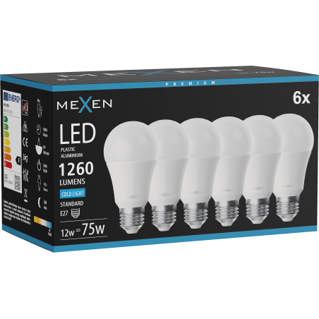Mexen Nova 6x żarówka LED E27, A60, 12W, Zimna - 6500K, 1260 lm - L100-E27-1265-01x06
