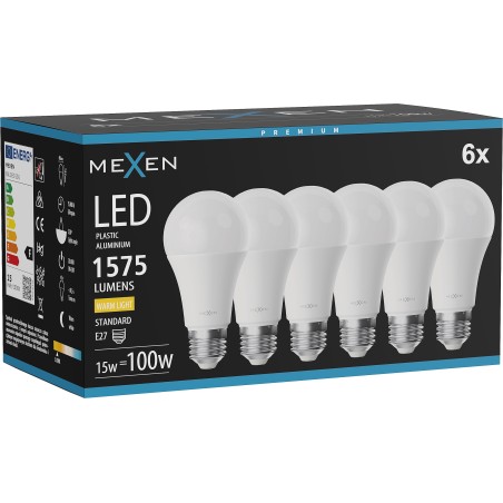 Mexen Nova 6x Bombilla LED E27, A60, 15W, Cálida - 3000K, 1575 lm - L100-E27-1530-01x06