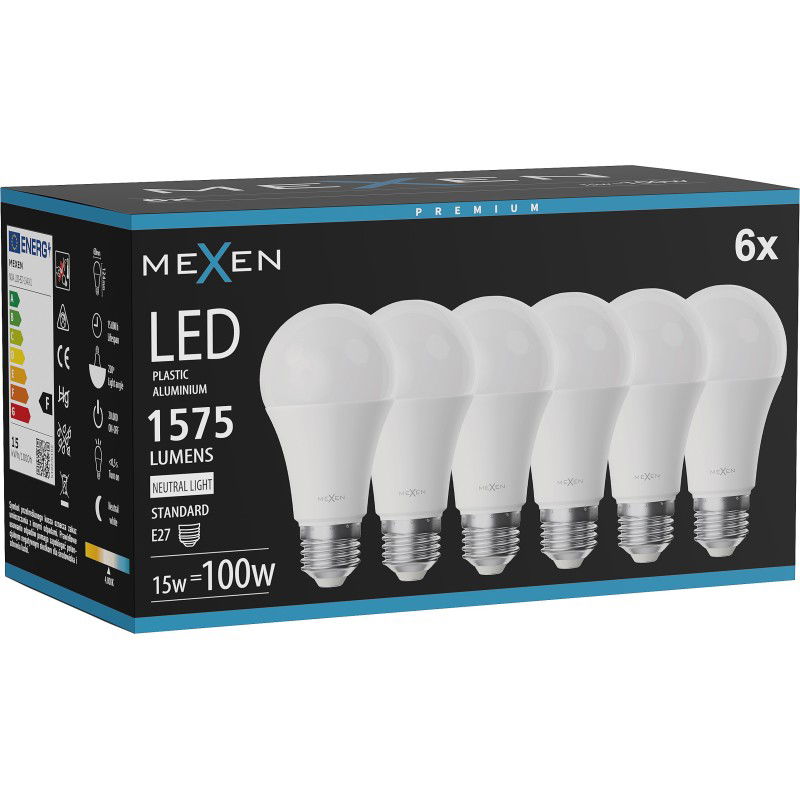 Mexen Nova 6x Lampadina LED E27, A60, 15W, Neutro - 4000K, 1575 lm - L100-E27-1540-01x06