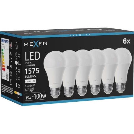 Mexen Nova 6x Bombilla LED E27, A60, 15W, Neutral - 4000K, 1575 lm - L100-E27-1540-01x06
