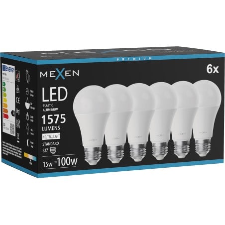 Mexen Nova 6x żarówka LED E27, A60, 15W, Neutralna - 4000K, 1575 lm - L100-E27-1540-01x06