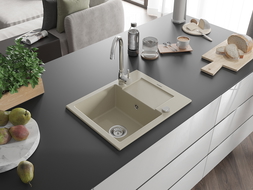 Mexen Enzo lava-louça de granito de 1 bacia com escorredor 576 x 465 mm, bege, sifão cromado - 6506571005-69