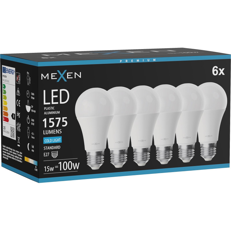 Mexen Nova 6x LED-lampa E27, A60, 15W, Kall - 6500K, 1575 lm - L100-E27-1565-01x06