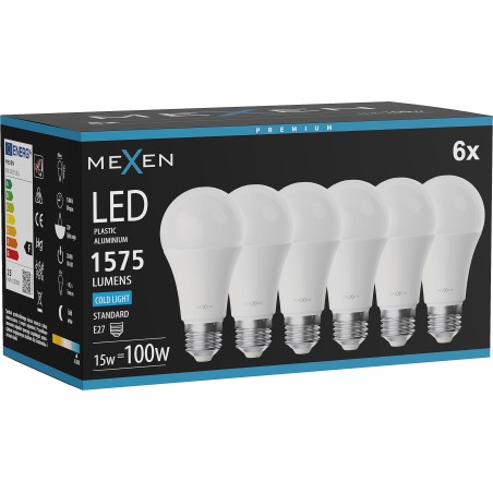 Mexen Nova 6x Bombilla LED E27, A60, 15W, Fría - 6500K, 1575 lm - L100-E27-1565-01x06