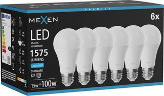 Mexen Nova 6x LED-pirn E27, A60, 15W, Külm - 6500K, 1575 lm - L100-E27-1565-01x06