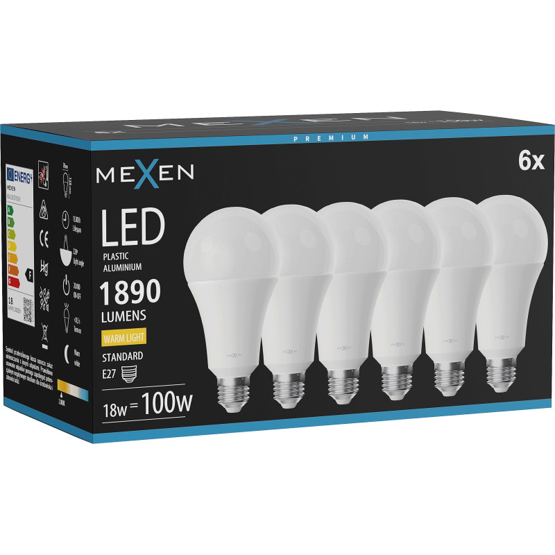Mexen Nova 6x Bombilla LED E27, A70, 18W, Cálida - 3000K, 1890 lm - L100-E27-1830-01x06