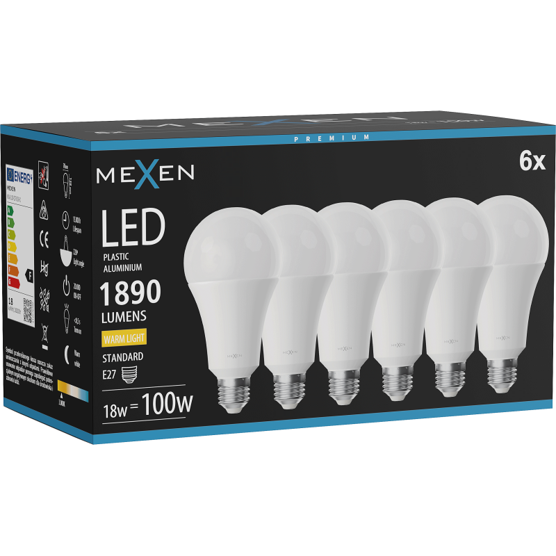 Mexen Nova 6x Lampadina LED E27, A70, 18W, Calda - 3000K, 1890 lm - L100-E27-1830-01x06
