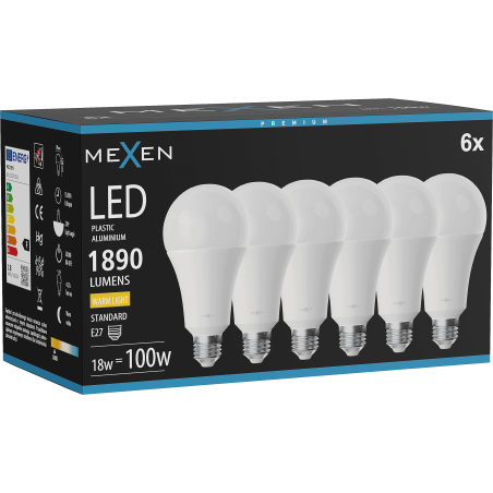Mexen Nova 6x Bombilla LED E27, A70, 18W, Cálida - 3000K, 1890 lm - L100-E27-1830-01x06