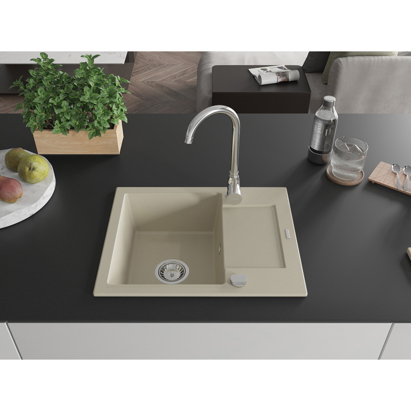 Mexen Enzo fregadero de granito de 1 seno con escurridor 576 x 465 mm, beige, sifón cromado - 6506571005-69