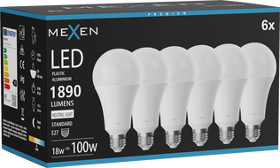 Mexen Nova 6x LED Žarnica E27, A70, 18W, Nevtralna - 4000K, 1890 lm - L100-E27-1840-01x06