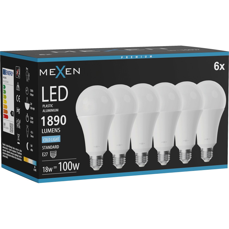 Mexen Nova 6x LED-lampa E27, A70, 18W, Kall - 6500K, 1890 lm - L100-E27-1865-01x06