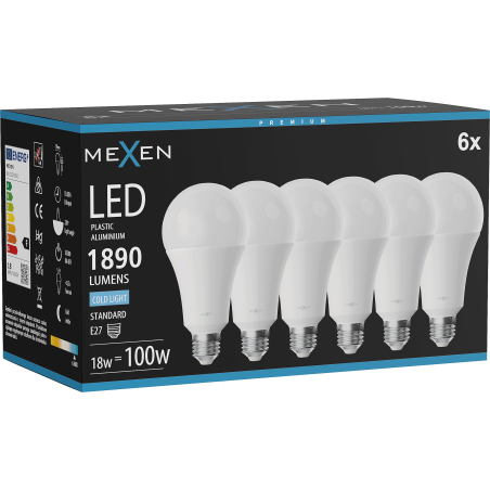 Mexen Nova 6x LED-lampa E27, A70, 18W, Kall - 6500K, 1890 lm - L100-E27-1865-01x06