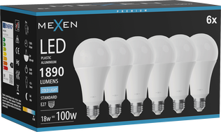 Mexen Nova 6x LED-lamp E27, A70, 18W, Külm - 6500K, 1890 lm - L100-E27-1865-01x06
