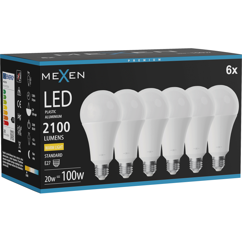 Mexen Nova 6x Lampadina LED E27, A70, 20W, Calda - 3000K, 2100 lm - L100-E27-2030-01x06