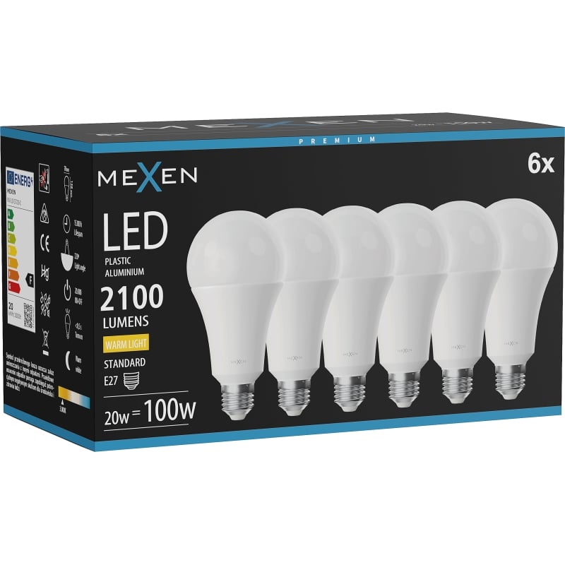 Mexen Nova 6x LED-lamp E27, A70, 20W, Soe - 3000K, 2100 lm - L100-E27-2030-01x06