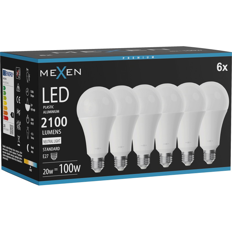 Mexen Nova 6x LED glödlampa E27, A70, 20W, Neutral - 4000K, 2100 lm - L100-E27-2040-01x06