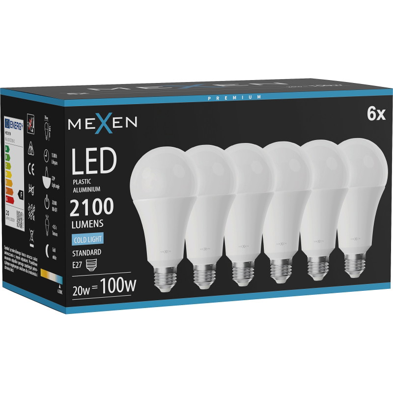 Mexen Nova 6x LED-lampa E27, A70, 20W, Kall - 6500K, 2100 lm - L100-E27-2065-01x06