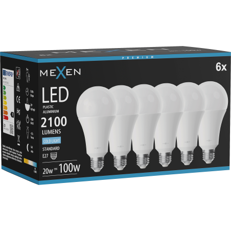 Mexen Nova 6x LED-lampa E27, A70, 20W, Kall - 6500K, 2100 lm - L100-E27-2065-01x06